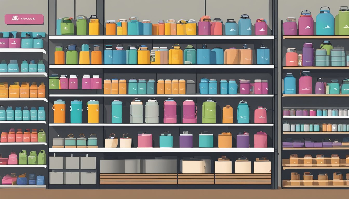 A variety of Hydro Flask products displayed on shelves in a store, showcasing different sizes, colors, and designs