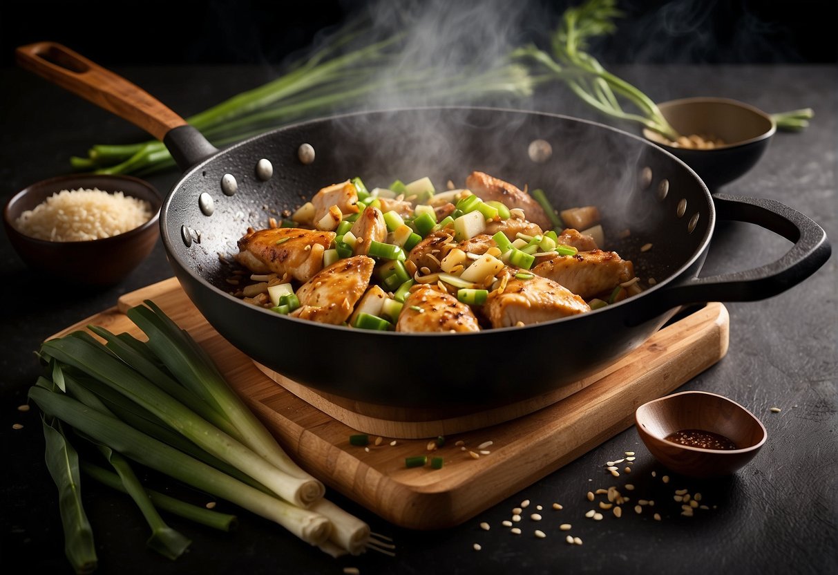 Chicken and leeks sizzling in a wok with soy sauce and ginger. Steam rising as the ingredients are tossed and stir-fried