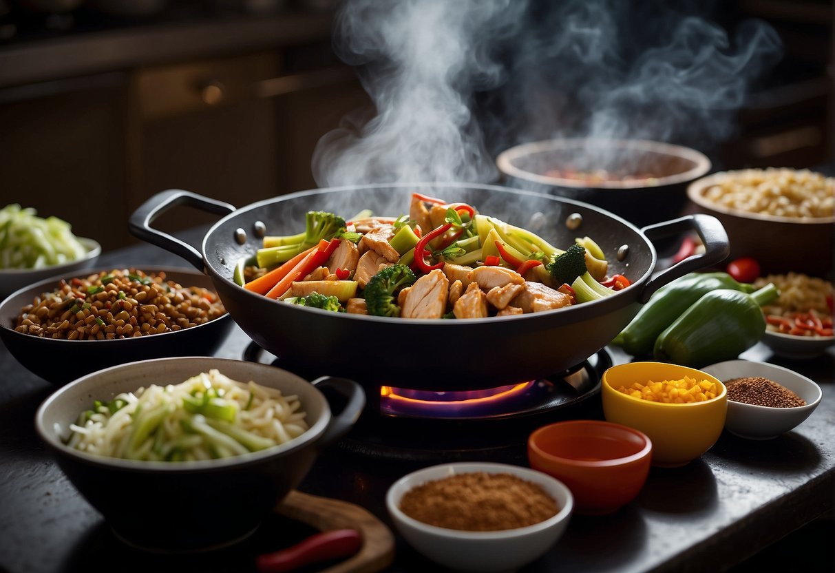 A steaming hot wok sizzling with Chinese chicken and leek stir-fry, surrounded by various colorful spices and condiments on a kitchen countertop