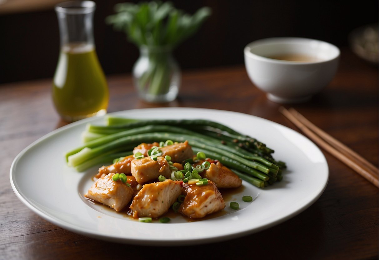 A plate of Chinese chicken leek recipe with nutritional information displayed beside it