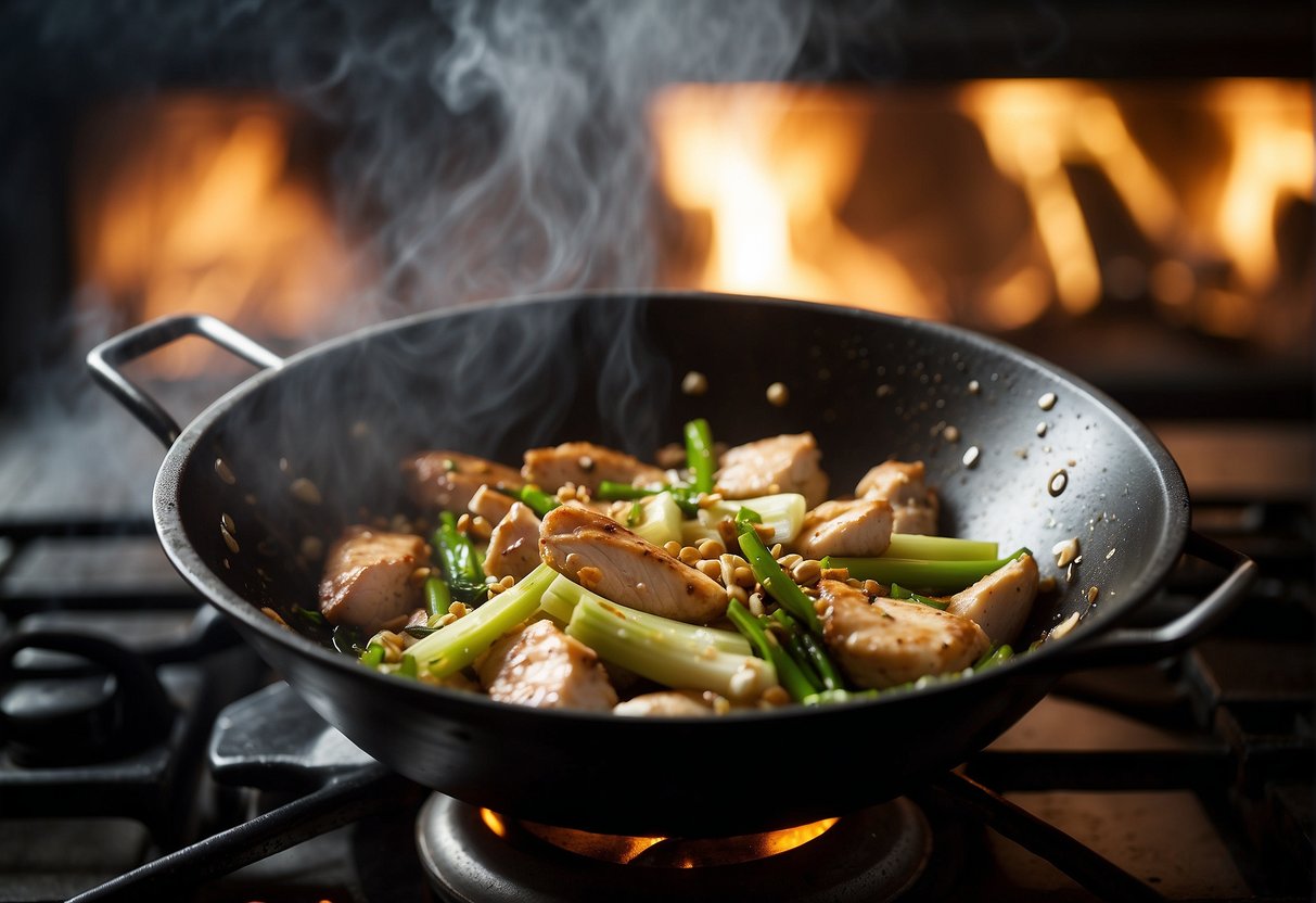 A sizzling wok tosses marinated chicken and leeks in a fragrant mix of soy sauce, garlic, and ginger. Steam rises as the ingredients meld together