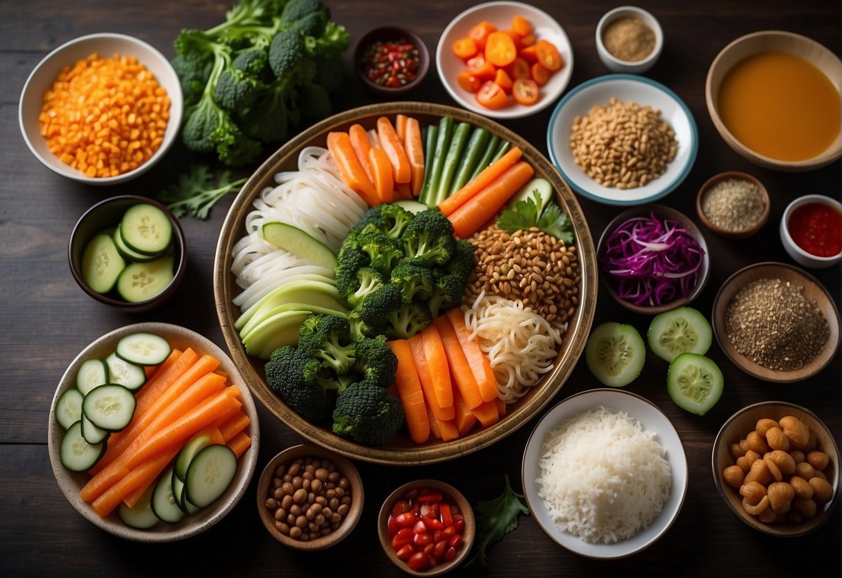 A table set with colorful, nutrient-rich Chinese dishes, showcasing fresh vegetables, lean proteins, and flavorful seasonings
