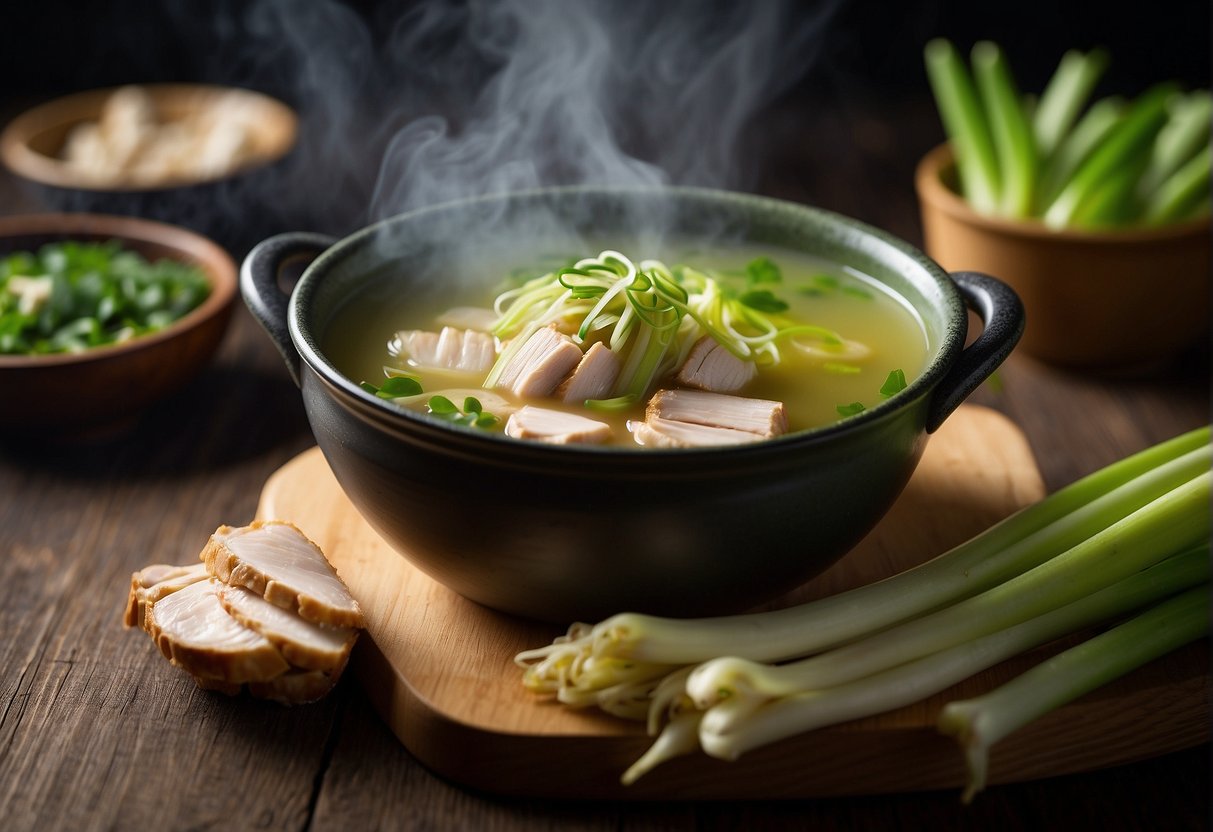 A steaming pot of Chinese chicken leek soup with floating slices of tender chicken, vibrant green leeks, and aromatic ginger and garlic