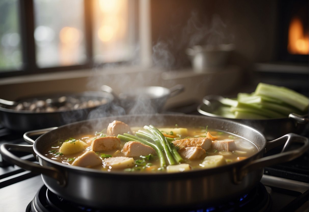 A pot simmering on a stove with chicken, leeks, ginger, and broth. A steam rises as the ingredients meld together