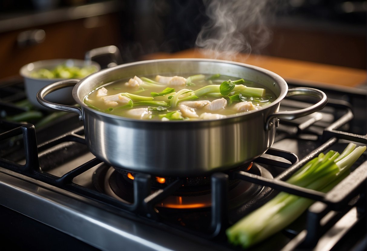 A pot simmers on a stove filled with Chinese chicken leek soup. Steam rises as leeks and chicken pieces float in the savory broth