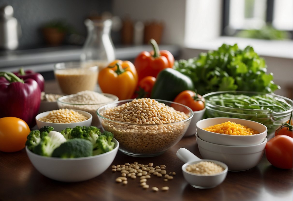 Fresh vegetables, lean protein, and whole grains laid out on a clean, organized kitchen counter. Measuring cups and portioned containers are ready for use