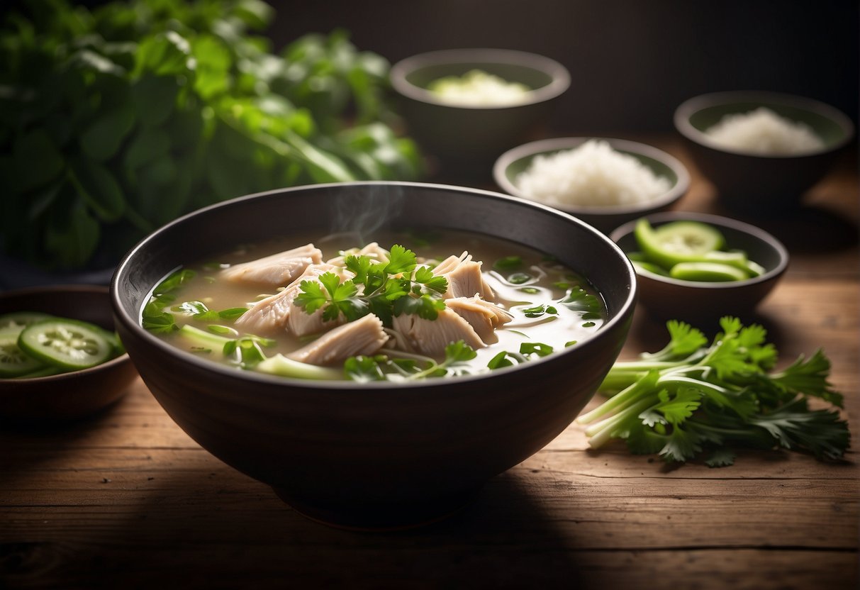 A steaming bowl of Chinese chicken leek soup, garnished with fresh cilantro and sliced green onions, sits on a wooden table next to a pair of chopsticks