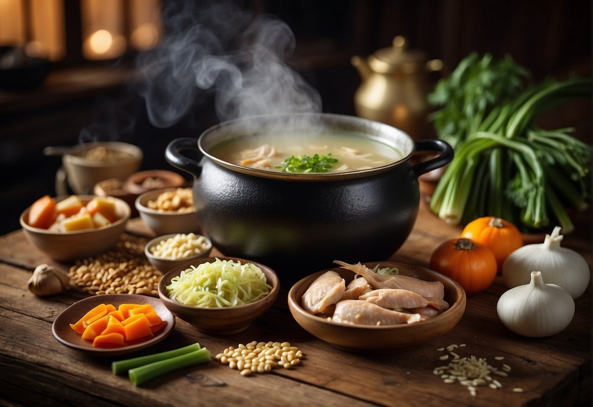 A steaming pot of Chinese chicken leek soup sits on a rustic wooden table, surrounded by colorful ingredients and leftover containers