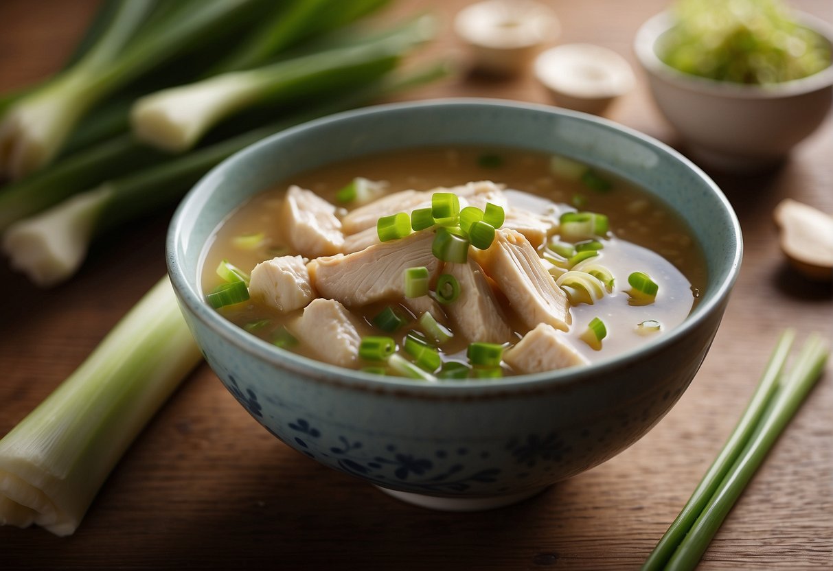 A steaming bowl of Chinese chicken leek soup sits on a wooden table, surrounded by scattered leeks, ginger, and a pair of chopsticks