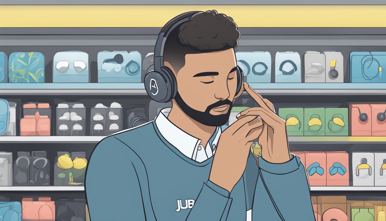 A person placing JLab JBuds Air Icon in their ears while shopping at Best Buy