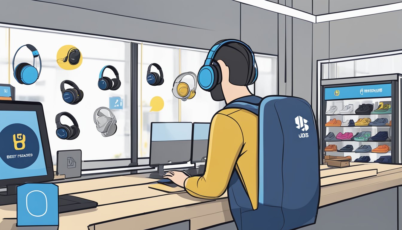 A customer browsing through a display of JLab JBuds Air Icon headphones at a Best Buy store, with a "Frequently Asked Questions" sign nearby