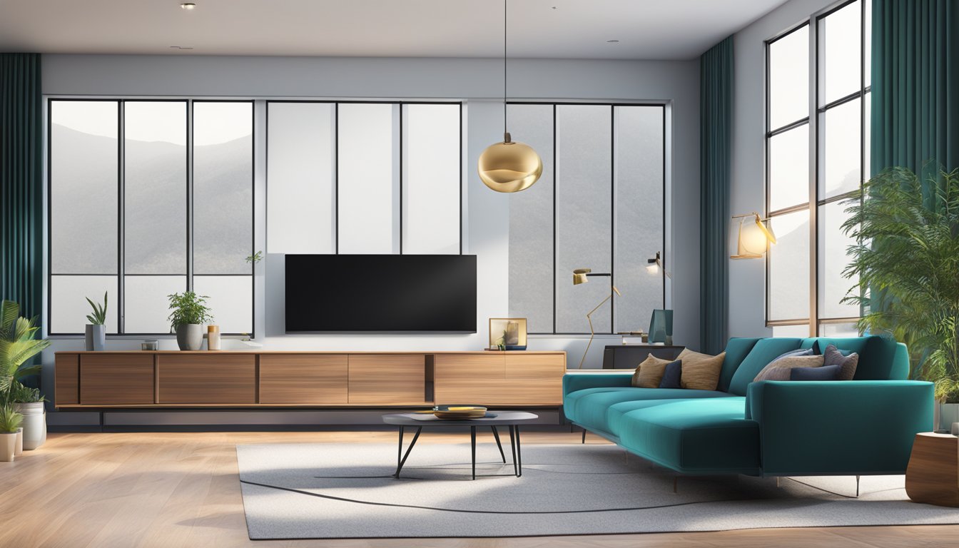 A sleek and modern living room with a wall-mounted Mi TV displaying vibrant colors and sharp images