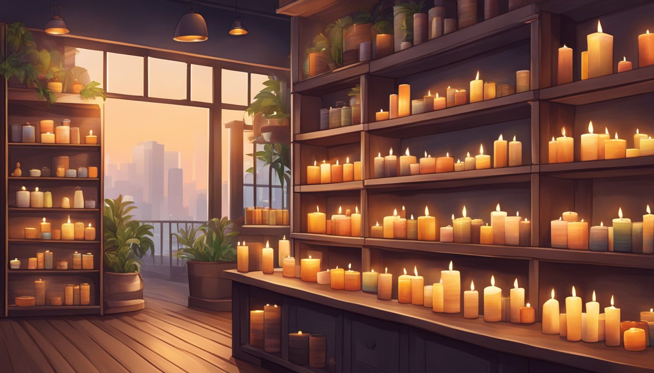 A cozy shop in Singapore sells various candles, neatly displayed on wooden shelves, with soft lighting and a welcoming atmosphere