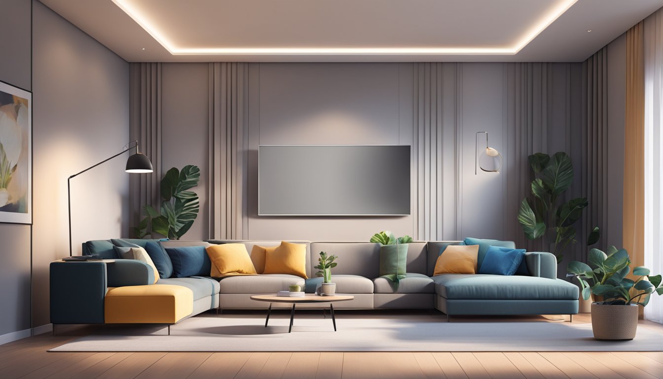 A living room with a sleek, modern design. A Mi TV mounted on the wall, surrounded by comfortable seating and ambient lighting