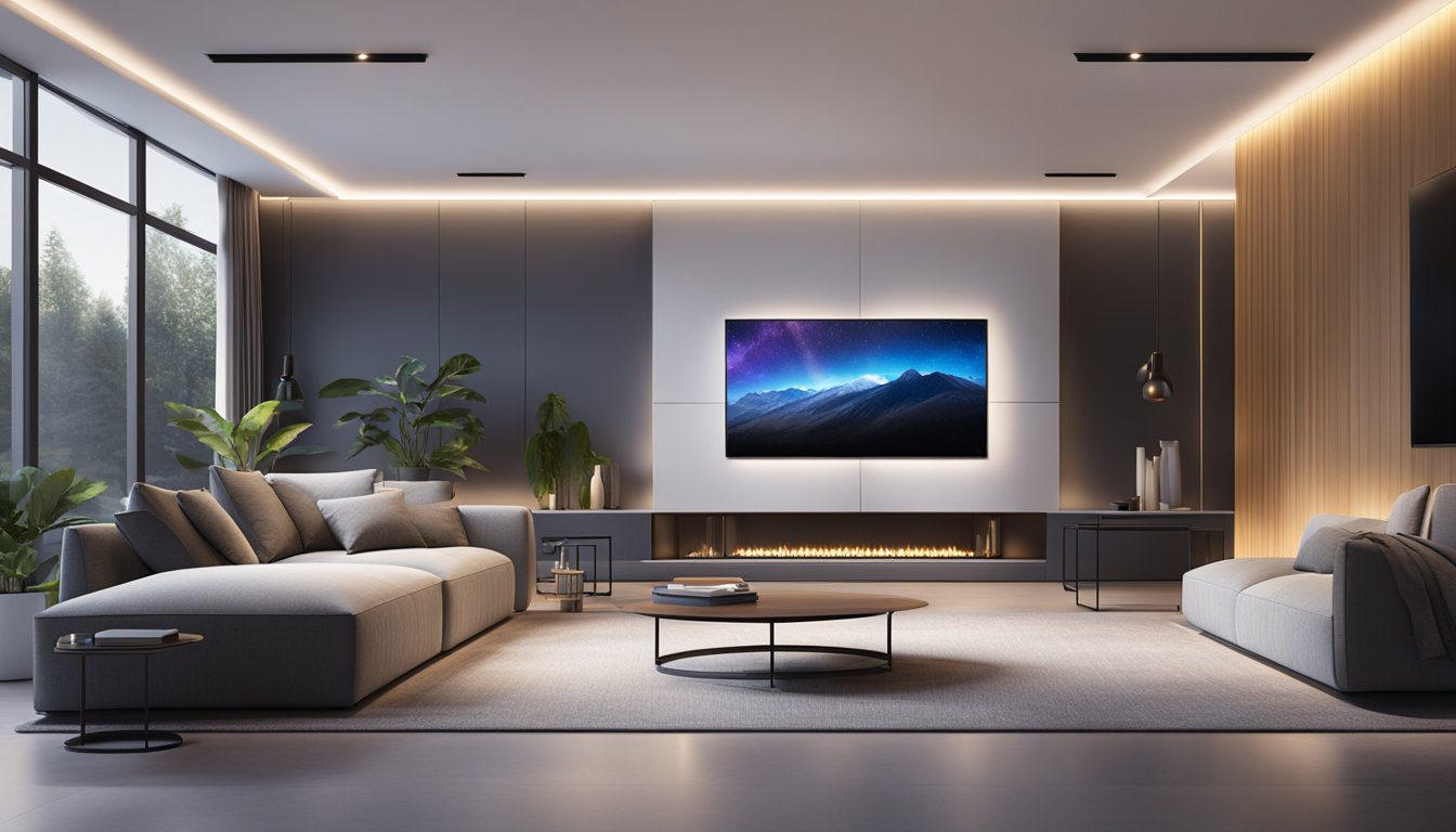 A sleek, modern living room with a large, wall-mounted Mi TV at the center, surrounded by comfortable seating and dimmable lighting for an immersive viewing experience