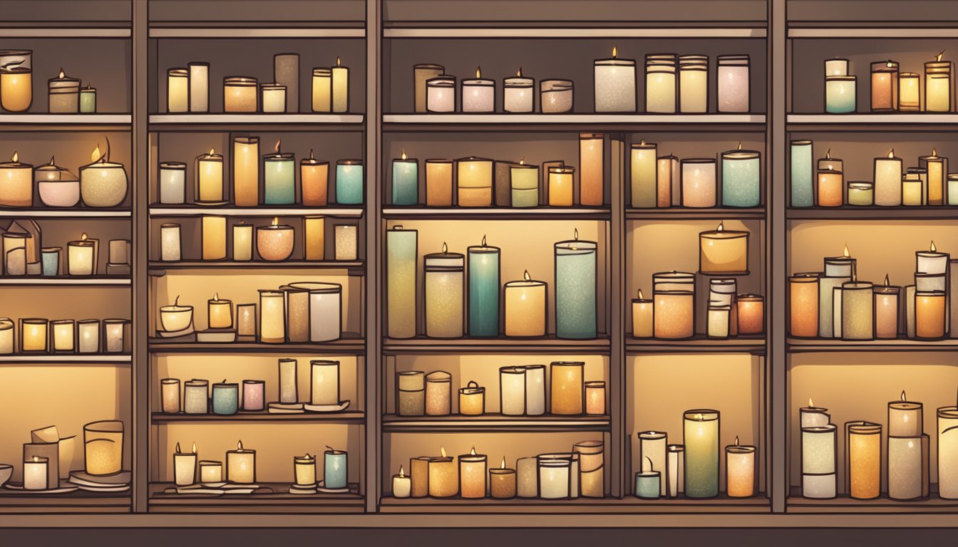 Various candle types displayed on shelves with labels. Soft, warm lighting creates a cozy atmosphere. A sign reads "Where to buy candles in Singapore."