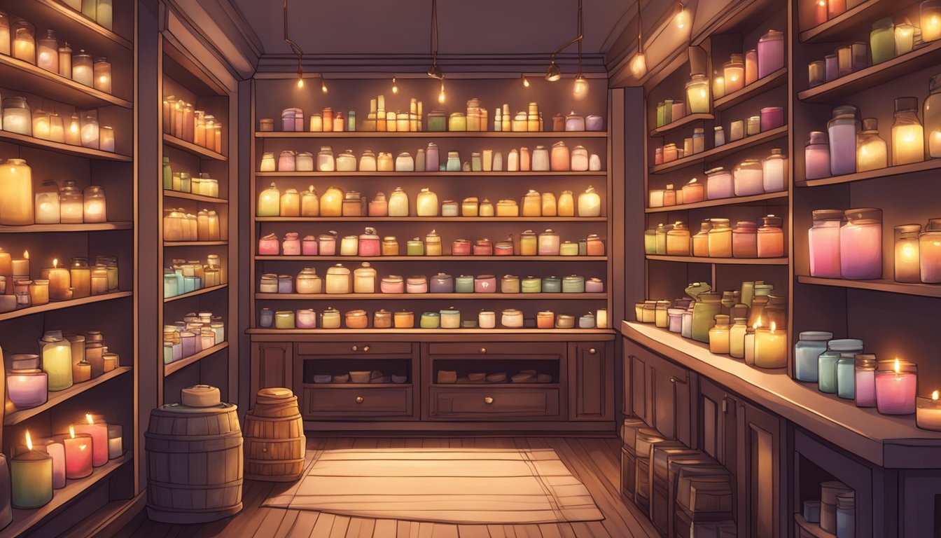 A cozy candle shop in Singapore, shelves lined with various scented candles and soft lighting creating a warm and inviting atmosphere