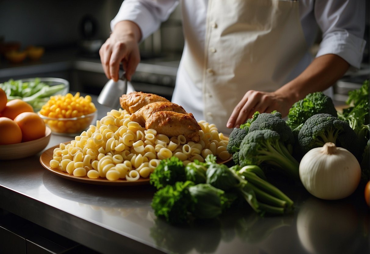 A chef gathers fresh vegetables, chicken, and macaroni on a clean countertop, ready to prepare a Chinese chicken macaroni dish