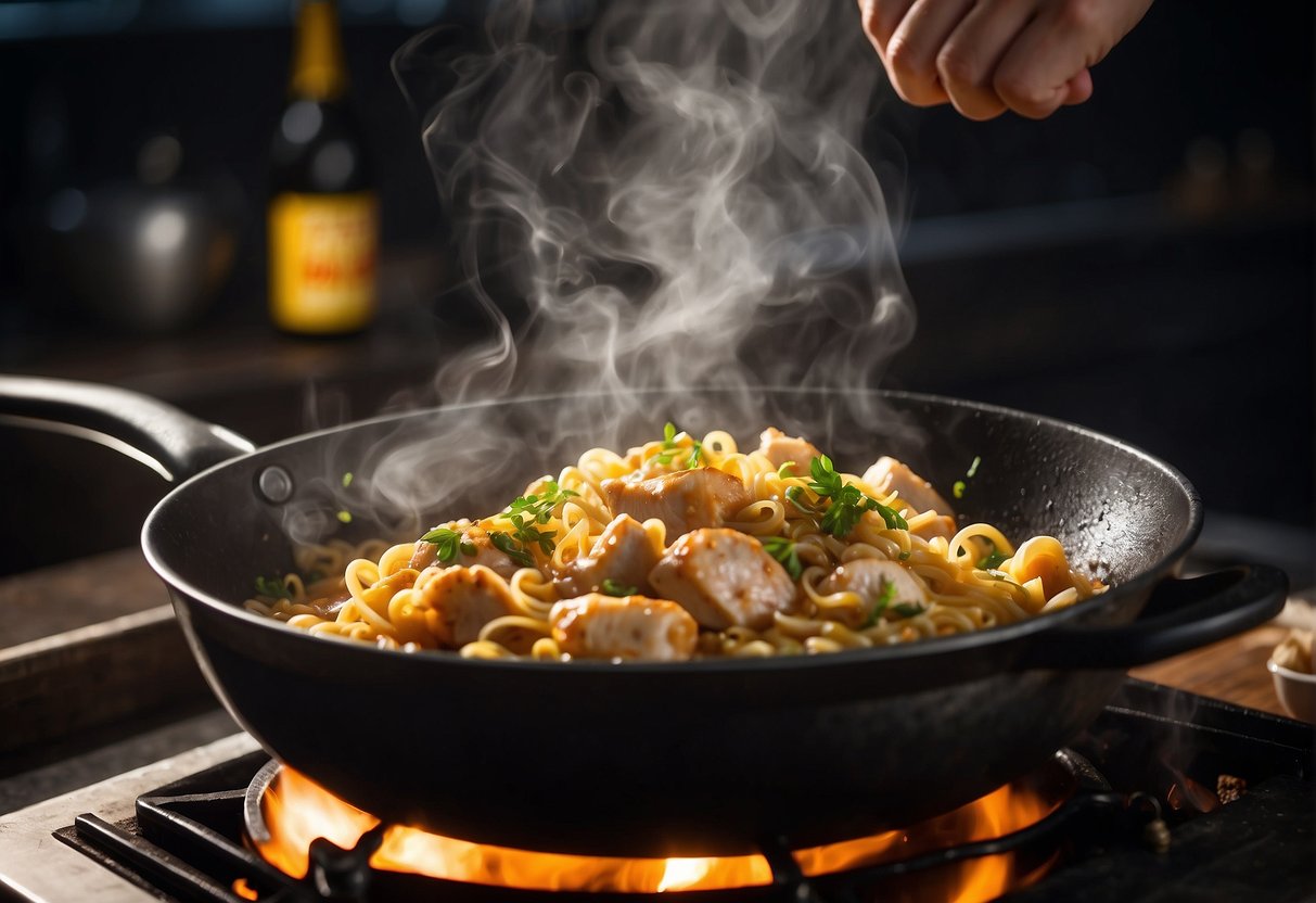 A wok sizzles with marinated chicken, garlic, and ginger. Boiling macaroni bubbles in a pot. Soy sauce and oyster sauce are added