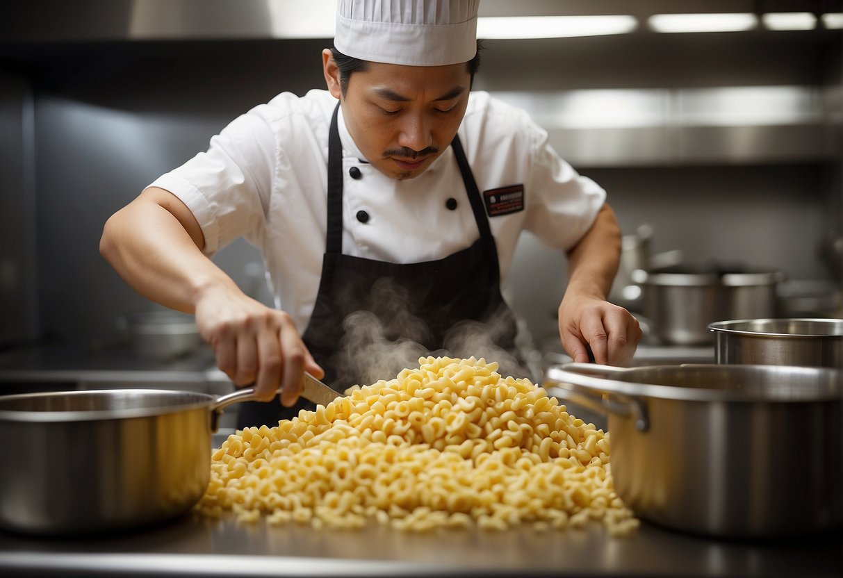 A chef mixing Chinese chicken macaroni with various ingredients in a bustling kitchen