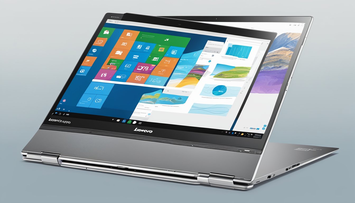 A laptop with the Lenovo Yoga 710 model displayed on a Best Buy website, surrounded by frequently asked questions in a clean and modern layout