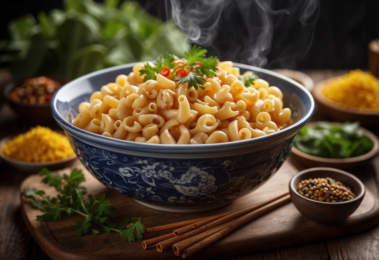 A steaming bowl of chinese chicken macaroni sits on a wooden table, surrounded by colorful spices and herbs. A pot of boiling water and a chopping board with fresh ingredients complete the scene