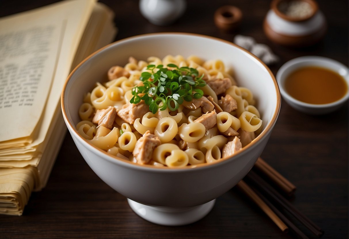 A steaming bowl of Chinese chicken macaroni with a side of chopsticks and a recipe book open to the "Frequently Asked Questions" page