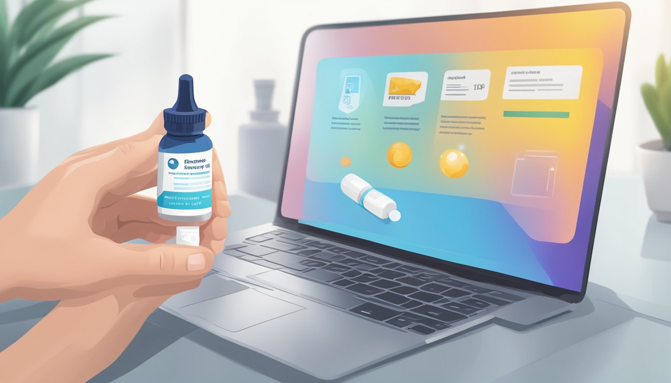 A hand holding a small bottle of atropine eye drops, with a computer in the background showing an online purchase page