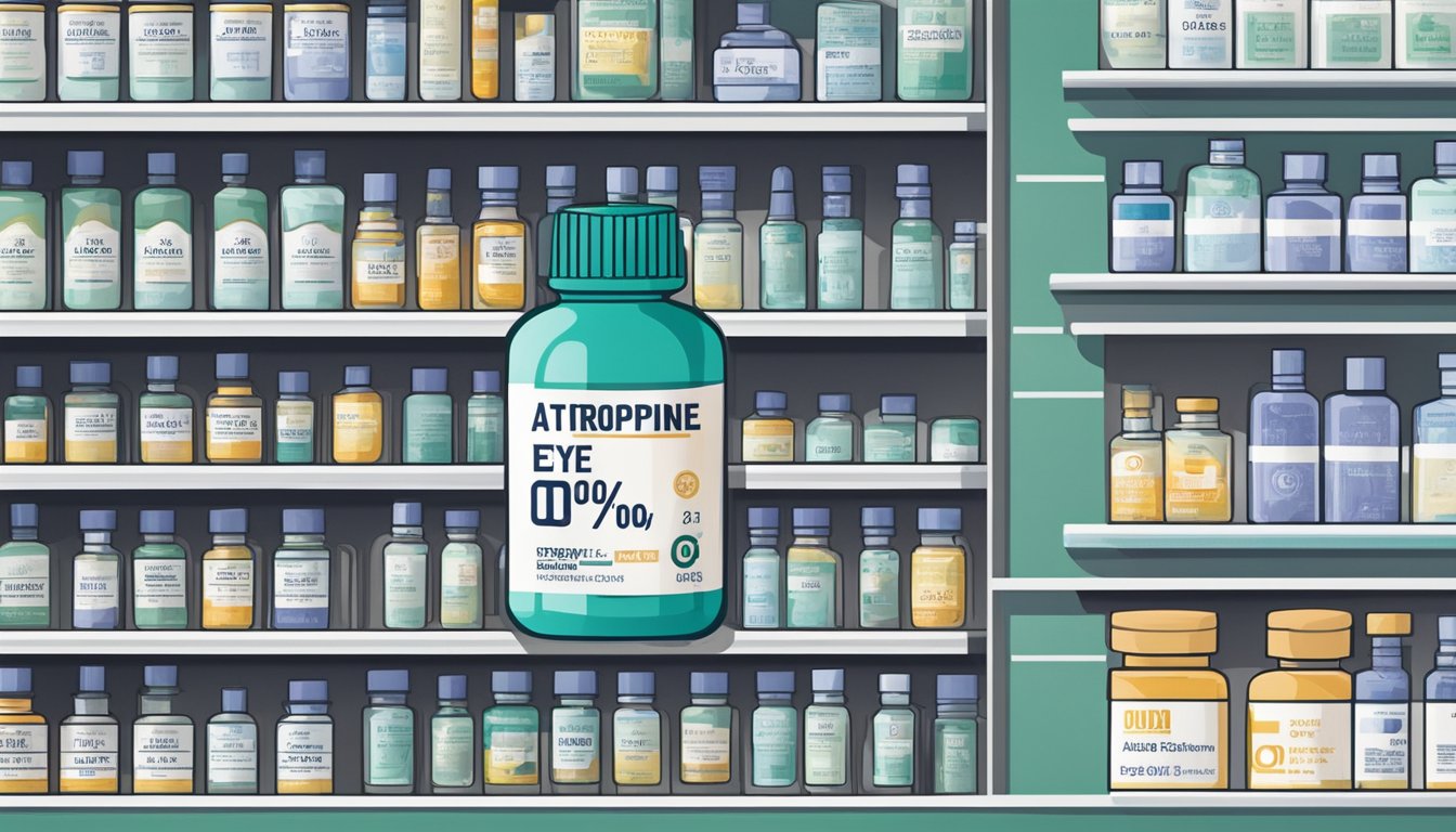 A bottle of atropine eye drops sits on a pharmacy shelf, with the label clearly displaying "0.01% strength." The background could include other eye care products to set the scene