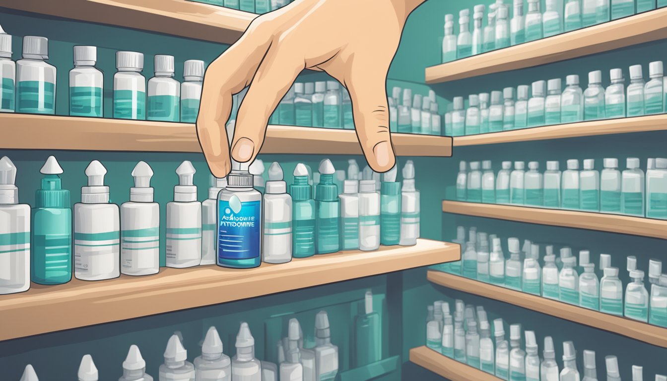 A hand reaches for a small bottle labeled "Atropine 0.01% Eye Drops" on a pharmacy shelf. The hand then applies the drops to an eye