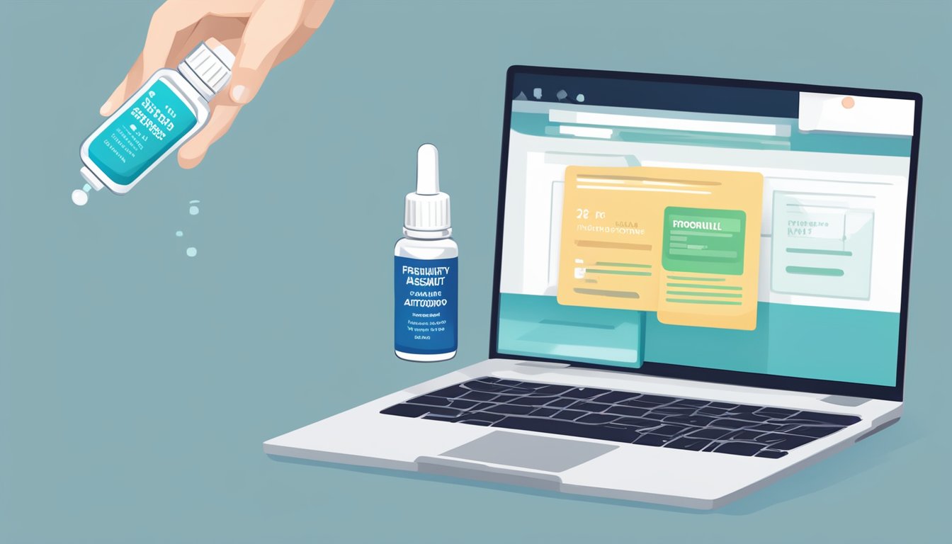 A hand holding a small bottle of atropine eye drops next to a computer screen displaying "Frequently Asked Questions atropine eye drops 0.01 buy online."