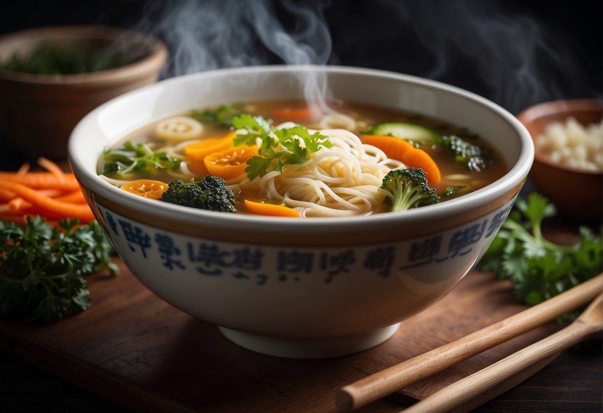 A steaming bowl of Chinese soup with colorful vegetables and savory broth