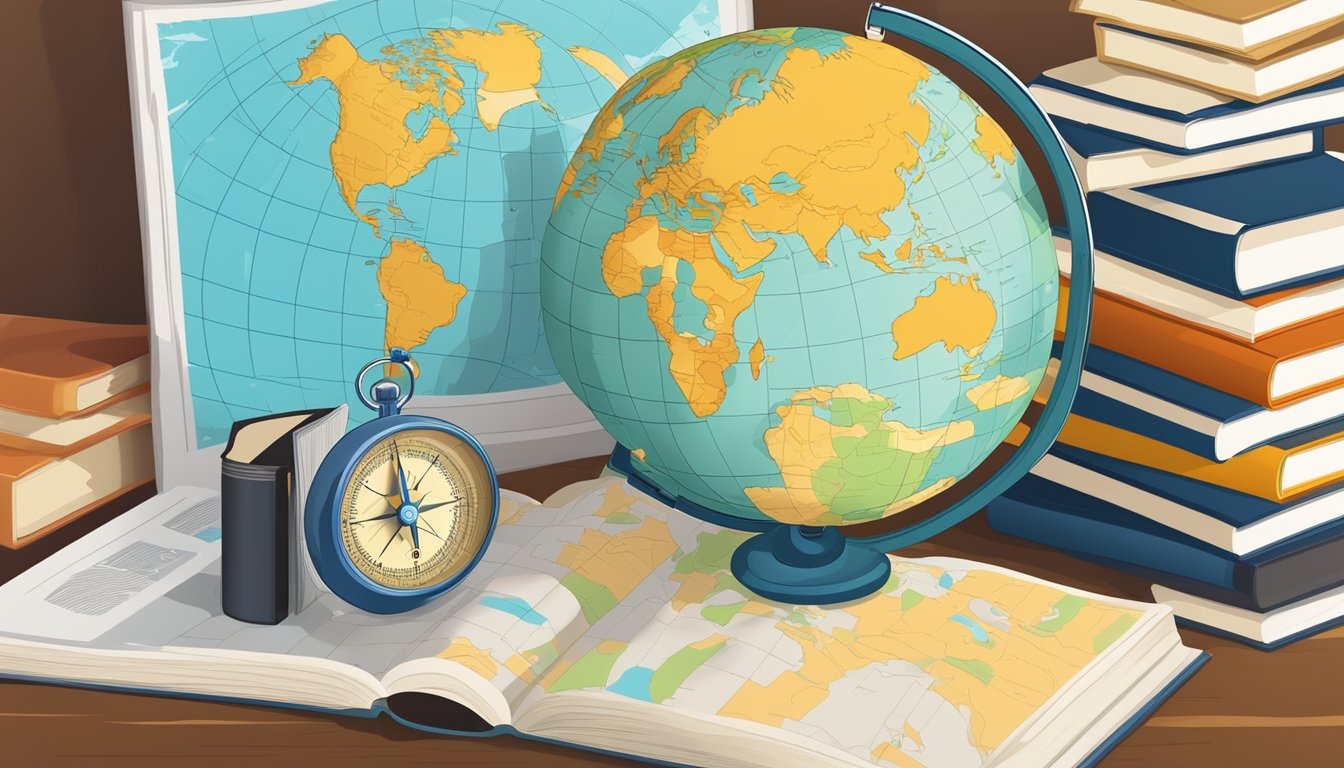 A colorful globe surrounded by travel books, with a compass and map in the background
