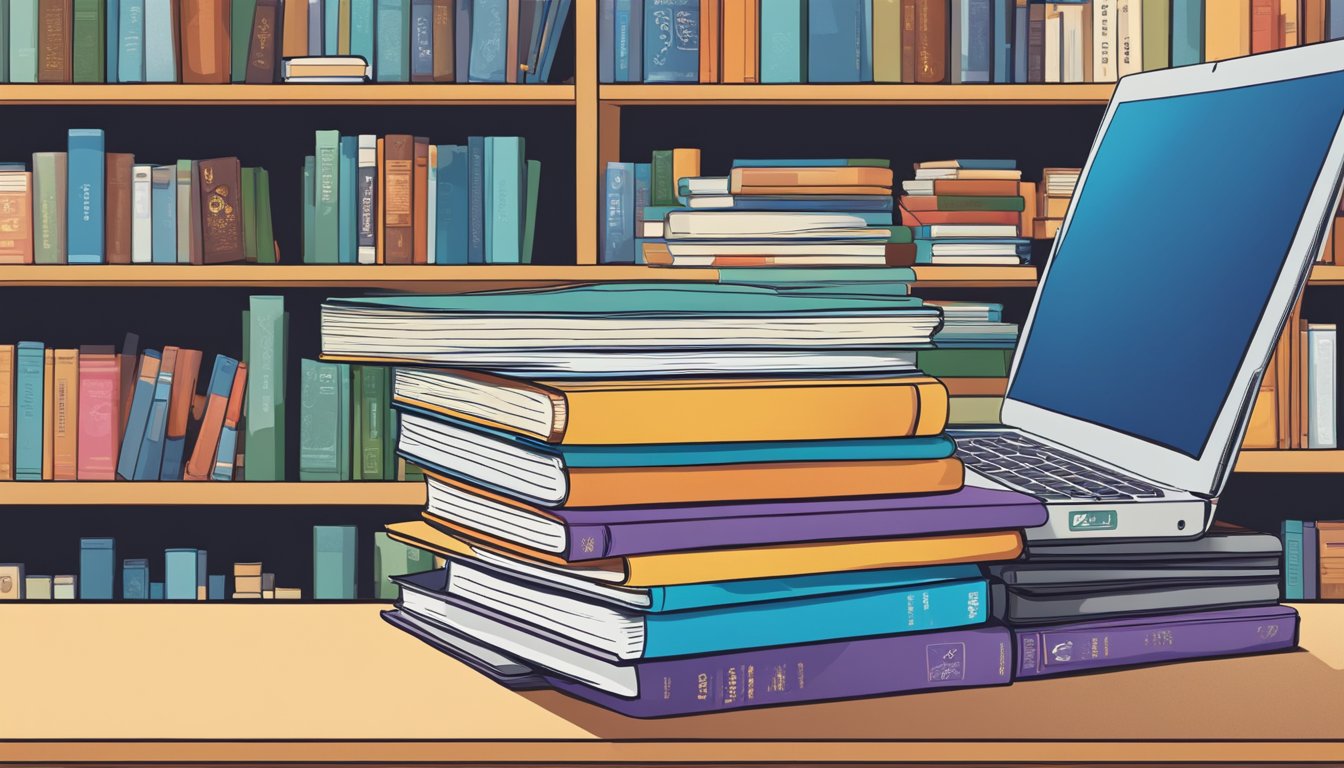 A stack of Lonely Planet books sits on a shelf, with one book open to a page listing frequently asked questions. A laptop and credit card are nearby, ready for online purchase