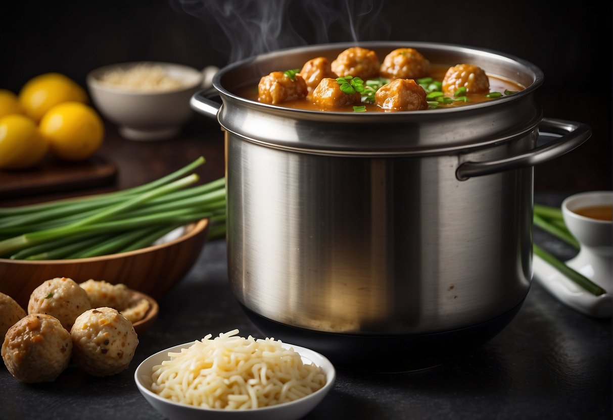 A pot of simmering broth with chicken meatballs, ginger, and green onions. Ingredients like soy sauce and sesame oil on the counter