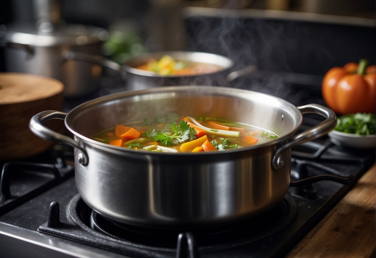 A pot simmers on a stove, filled with colorful vegetables, herbs, and broth. Steam rises as a chef adds seasoning, creating a fragrant and nourishing Chinese soup