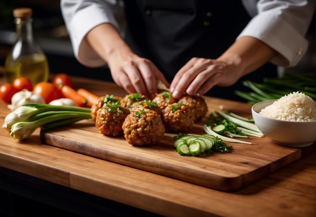 A chef selects fresh ingredients for Chinese chicken meatball soup. On a wooden cutting board, there are scallions, ginger, ground chicken, and various seasonings