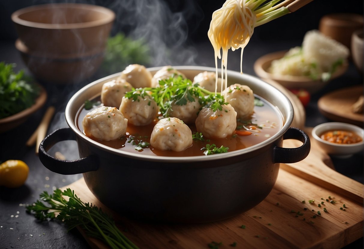 Chinese chicken meatballs being rolled and placed into a bubbling pot of savory broth. Aromatic herbs and spices fill the air