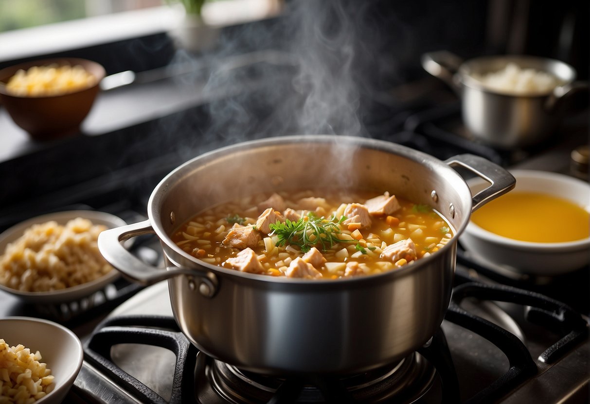 A pot simmers on the stove with chicken broth, ginger, and garlic. A bowl of seasoned ground chicken sits nearby