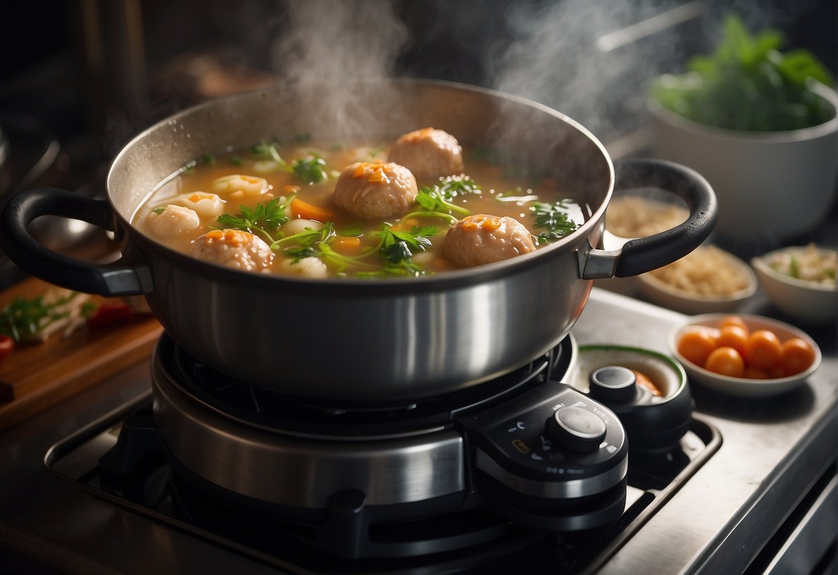 A steaming pot of Chinese chicken meatball soup simmers on the stove, filled with fragrant herbs and spices, as the chef adds a dash of soy sauce for an extra burst of flavor
