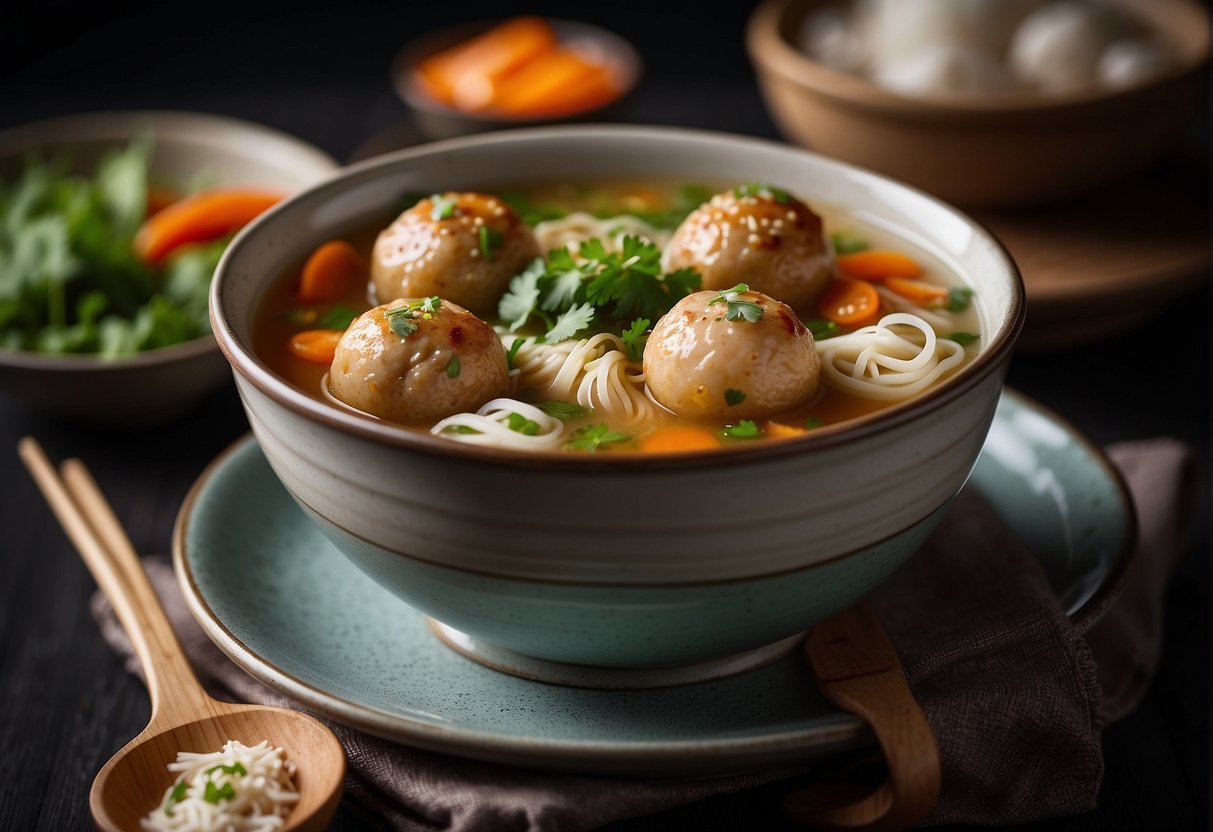 A steaming bowl of Chinese chicken meatball soup is garnished with fresh cilantro and served alongside a stack of small bowls for individual portions