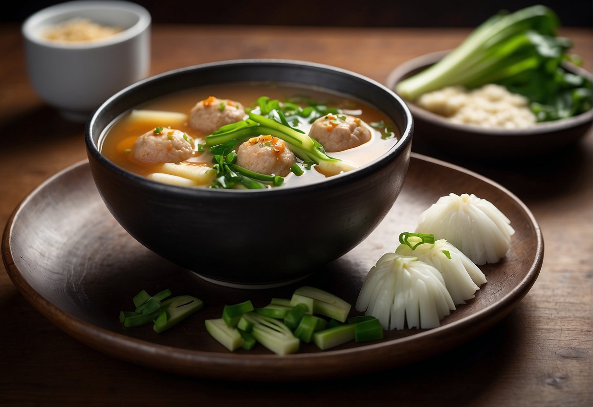 A steaming bowl of Chinese chicken meatball soup surrounded by ingredients like ginger, scallions, and bok choy on a wooden table