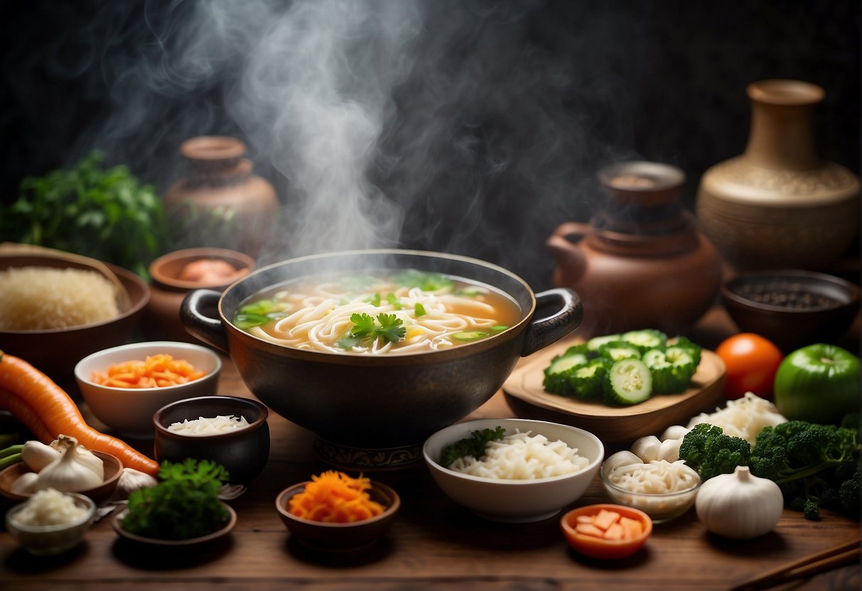 A steaming bowl of Chinese soup surrounded by fresh ingredients and traditional cooking utensils