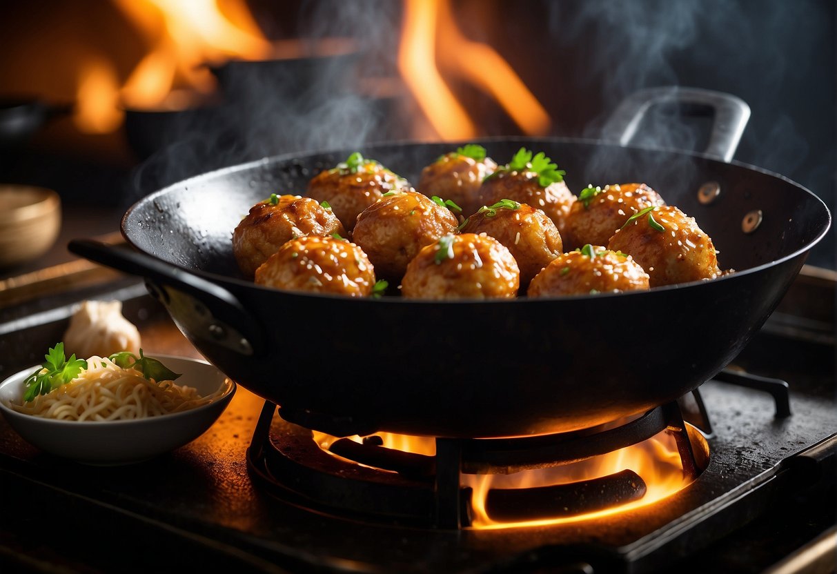 A wok sizzles as chicken meatballs fry in fragrant garlic and ginger. Soy sauce and hoisin glaze the golden-brown spheres, emitting a mouthwatering aroma