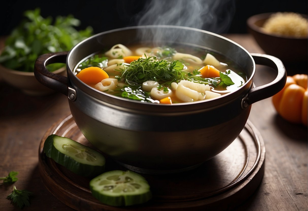 Fresh vegetables, aromatic herbs, and savory broth simmering in a traditional Chinese soup pot