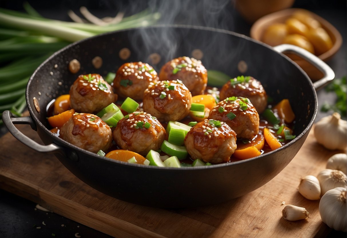 A wok sizzles with juicy chicken meatballs, surrounded by ginger, garlic, and soy sauce. A sprinkle of green onions adds color to the dish
