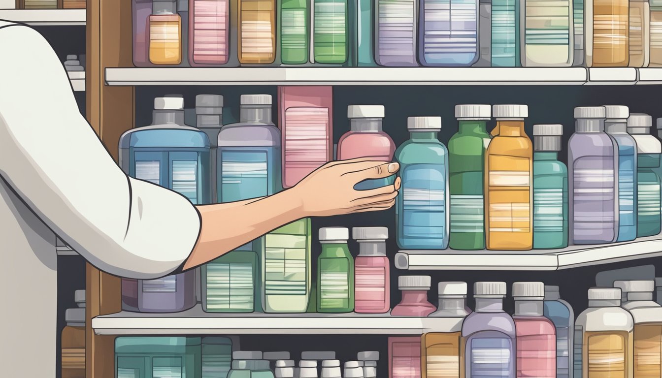 A hand reaches for a bottle of metronidazole on a pharmacy shelf