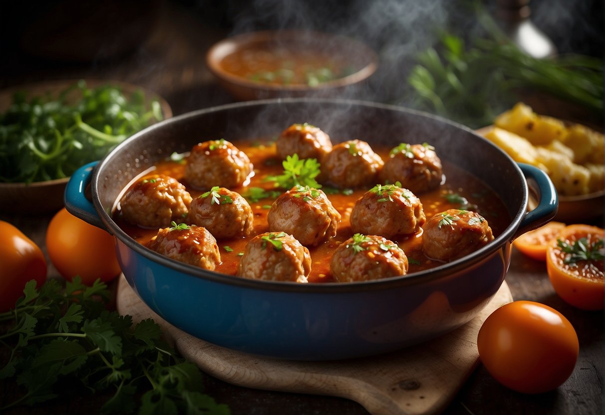 Chinese chicken meatballs simmer in savoury sauces and glazes, emitting a tantalizing aroma. The meatballs glisten under the light, surrounded by vibrant vegetables and herbs