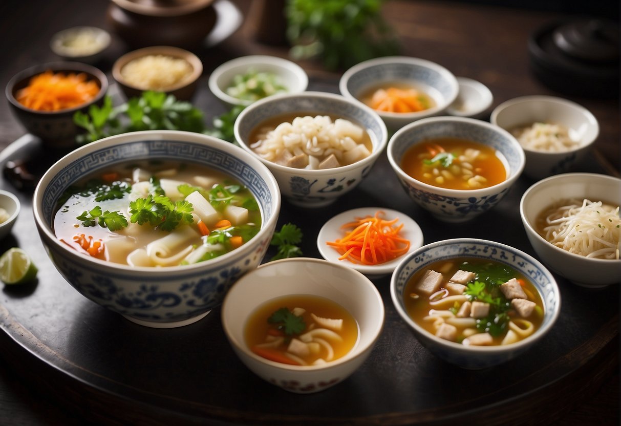 A table with various bowls of Chinese soup, surrounded by different ingredients for customization