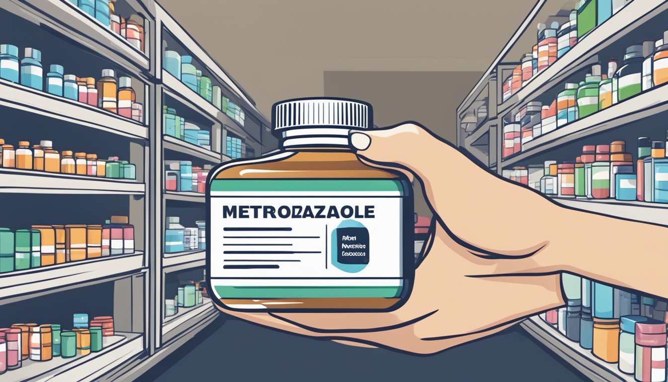 A hand holding a pill bottle labeled "Metronidazole" with a prescription label. A pharmacy background with shelves of medicine and a pharmacist in the distance